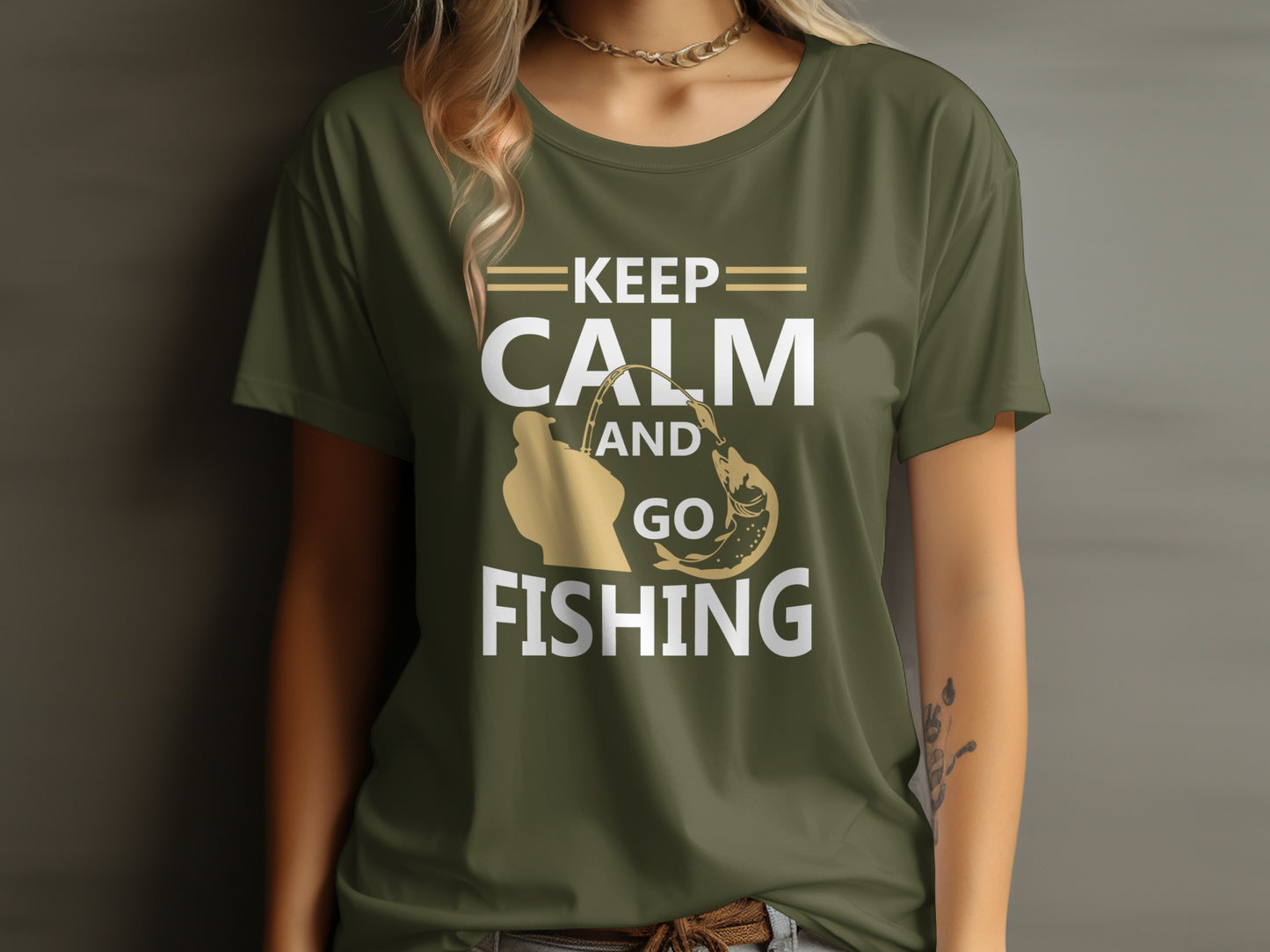 Green t-shirt with "Keep Calm and Go Fishing" text and fishing graphic.