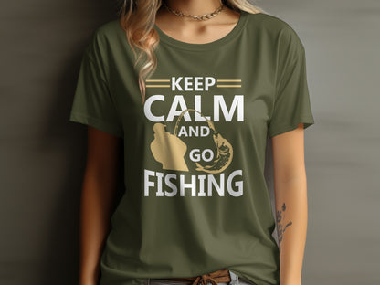 Green t-shirt with "Keep Calm and Go Fishing" text and fishing graphic.