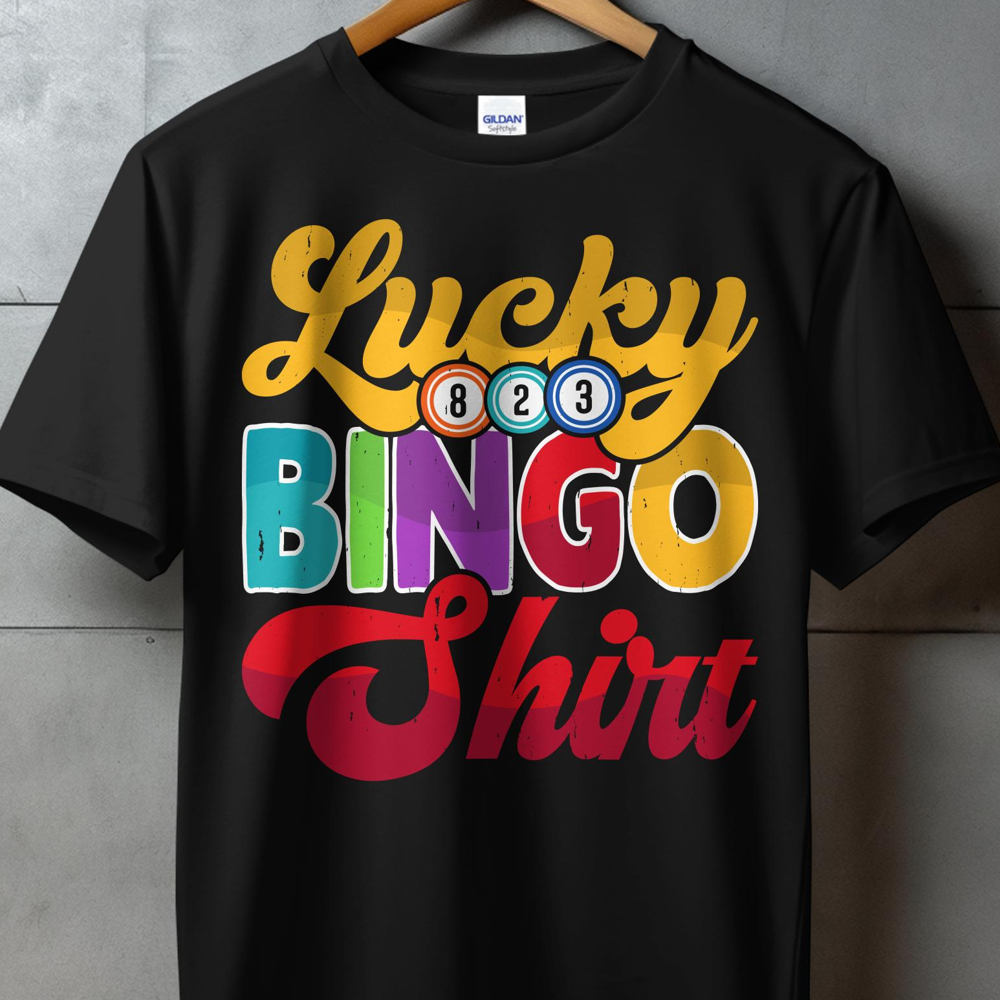 Lucky Bingo Shirt with colorful text and bingo balls.
