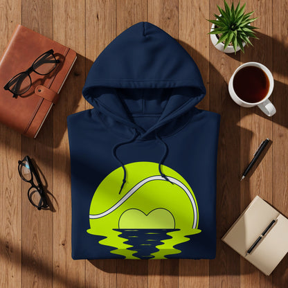 Navy blue hoodie with a green tennis ball rising over water design.