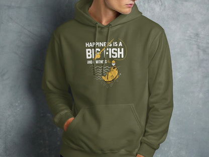 Olive green hoodie with "Happiness is a Big Fish" graphic.