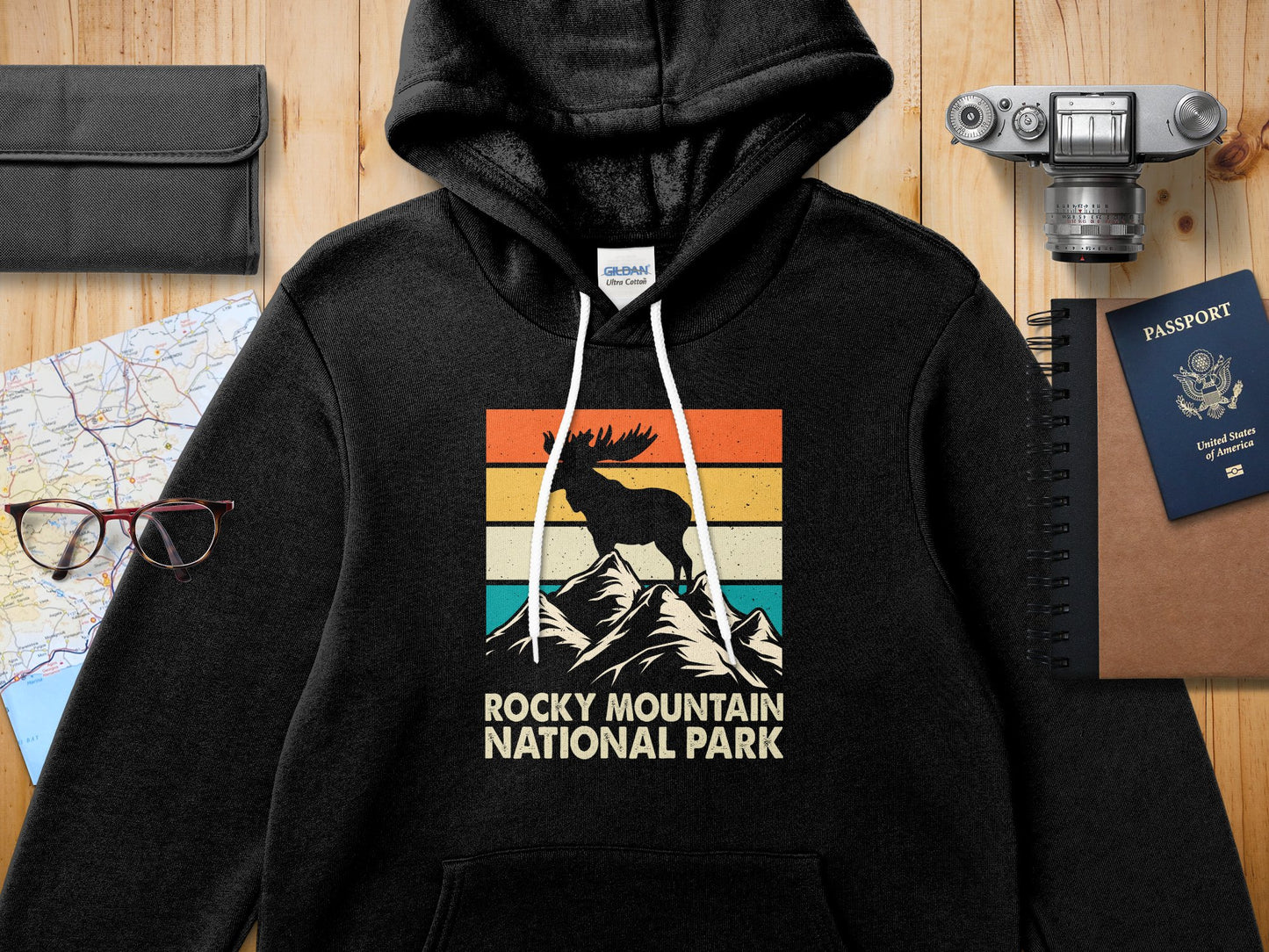Black hoodie with vintage Rocky Mountain National Park mountain and elk graphic.
