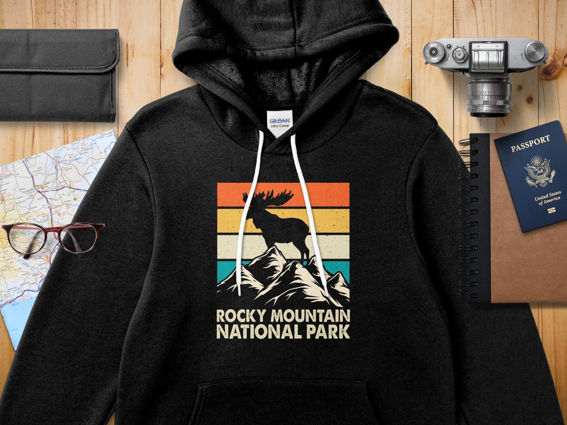 Black hoodie with vintage Rocky Mountain National Park mountain and elk graphic.