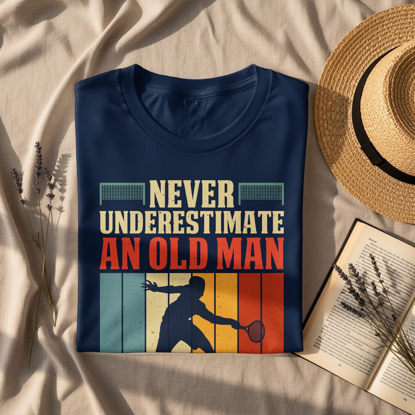 Navy t-shirt with vintage tennis graphic and text: NEVER UNDERESTIMATE AN OLD MAN.