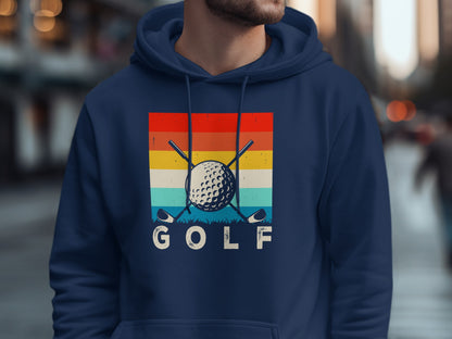 Golf ball and crossed clubs graphic on a vintage striped background.