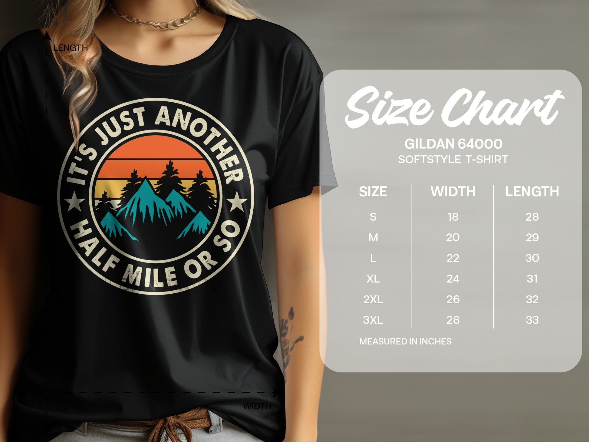T-shirt with retro mountain graphic and "It's Just Another Half Mile or So" text.