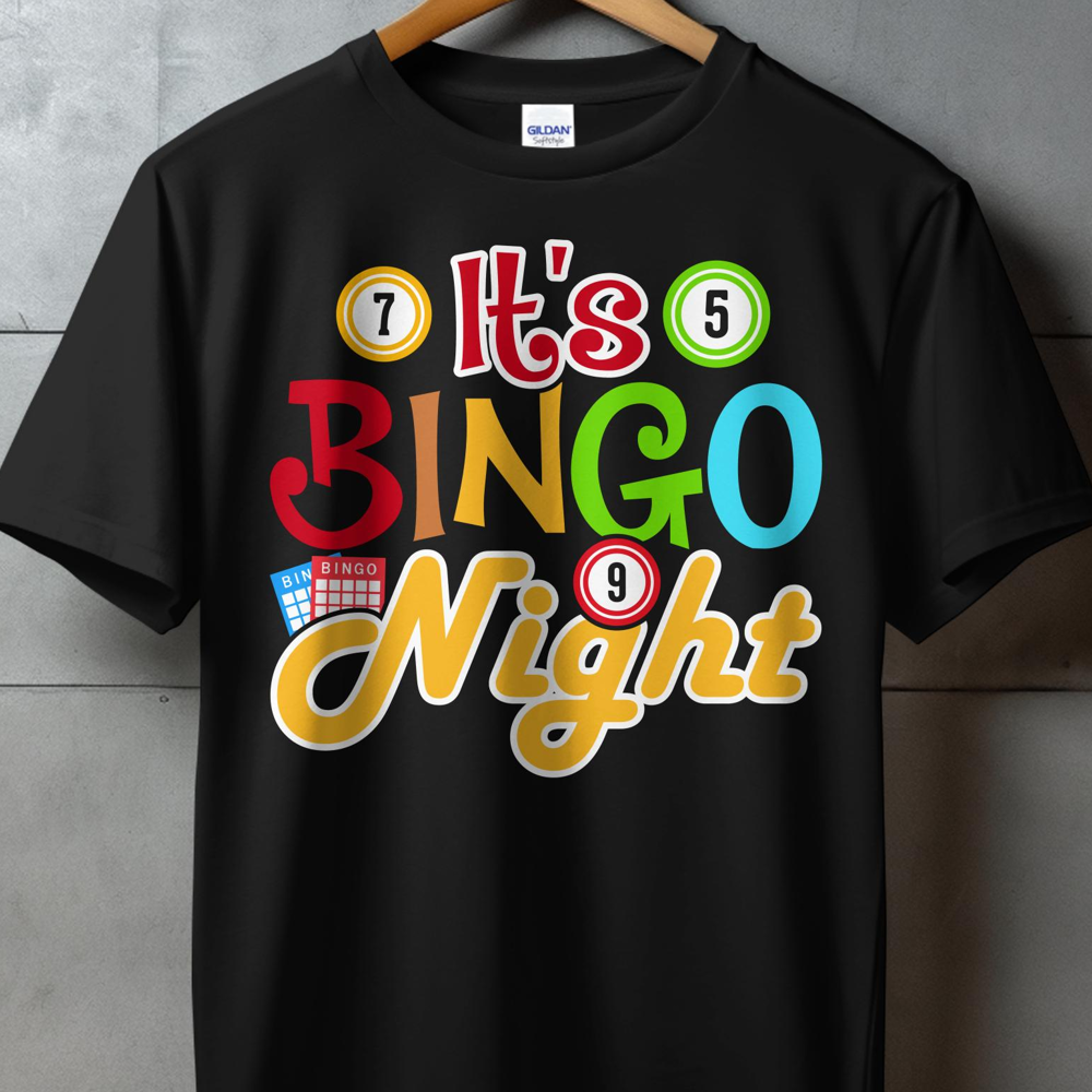 Black t-shirt with "It's BINGO Night" text and bingo balls.