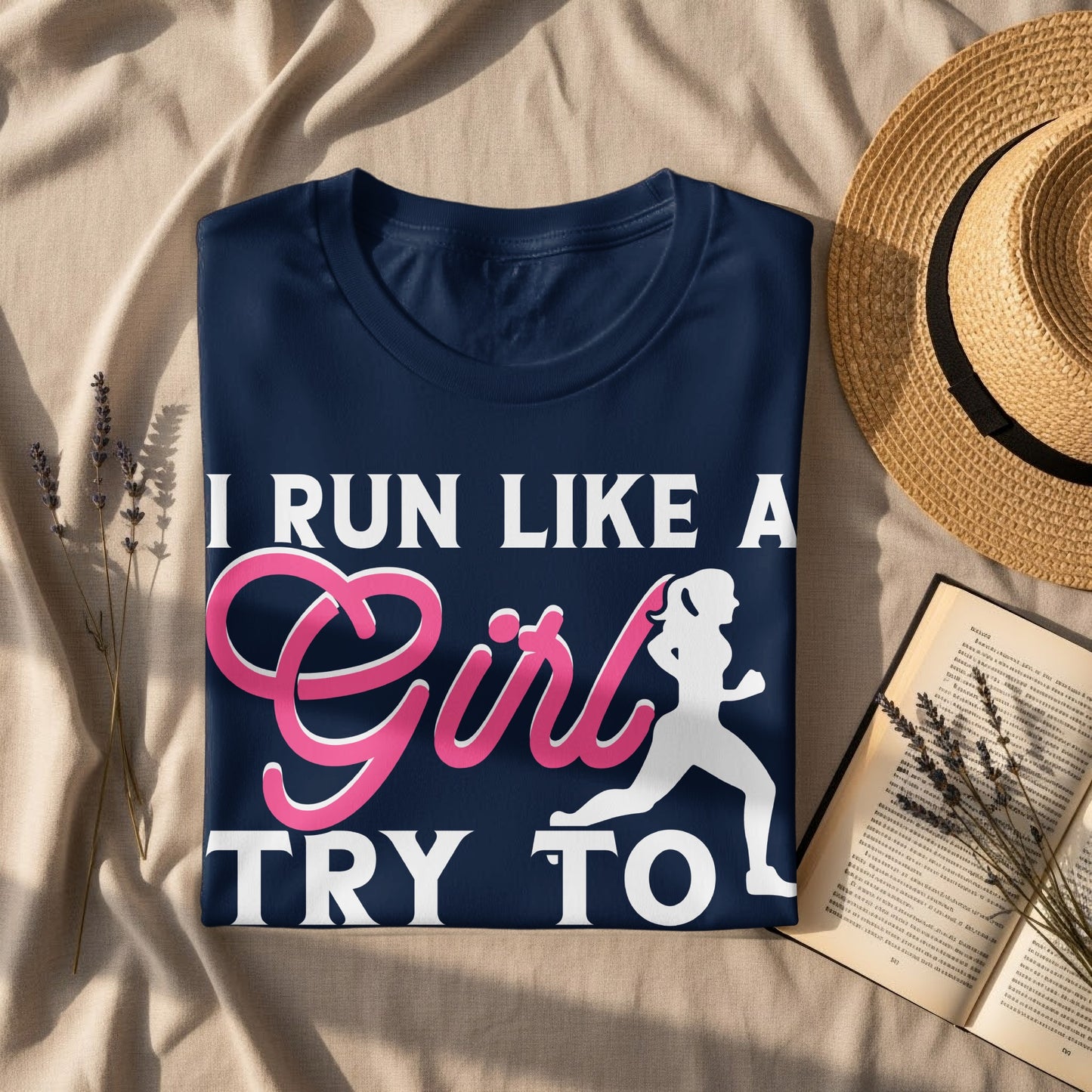 Navy t-shirt with "I RUN LIKE A Girl TRY TO" and a running silhouette.