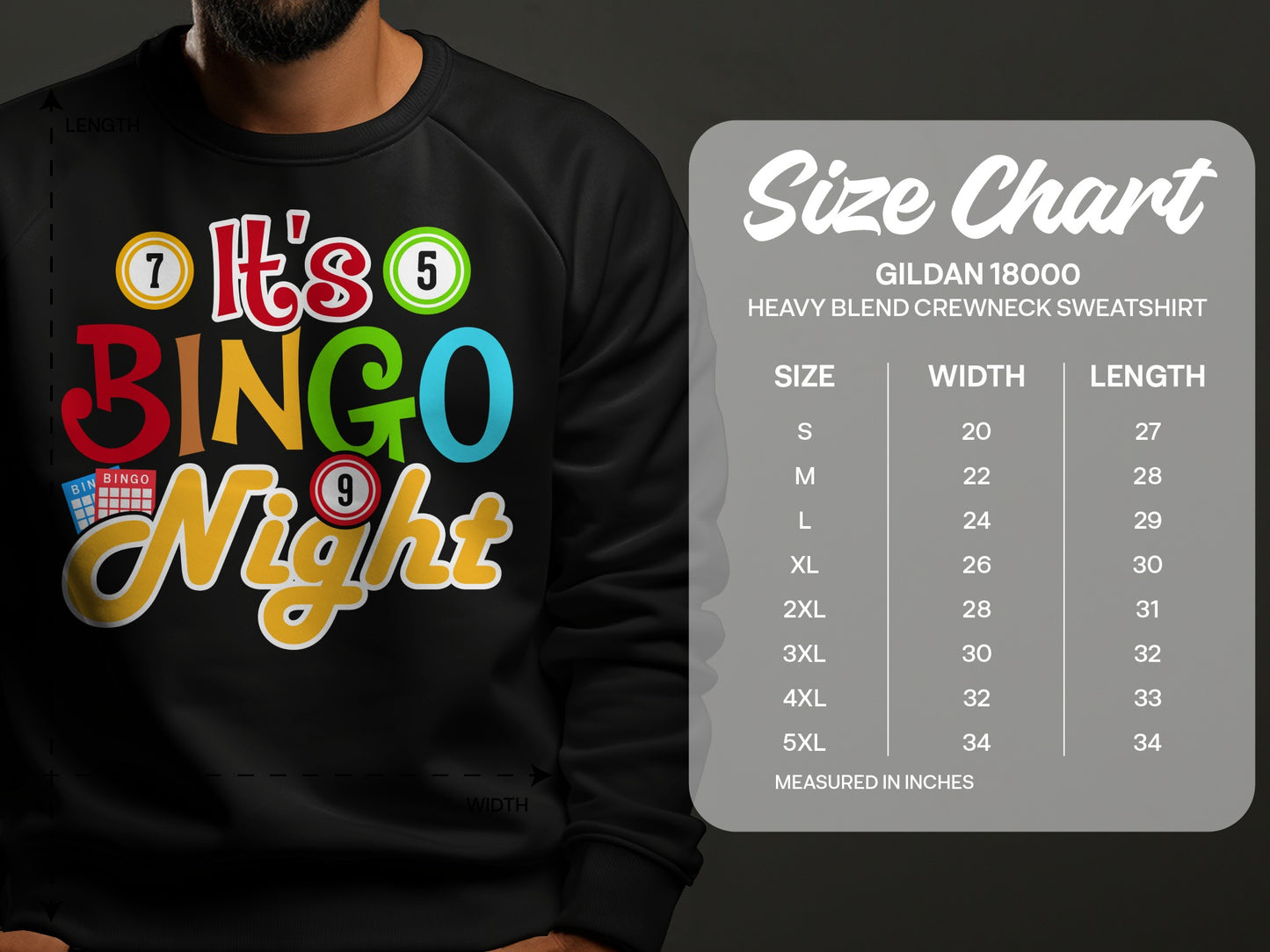 Crewneck sweatshirt with "It's Bingo Night" graphic and size chart.