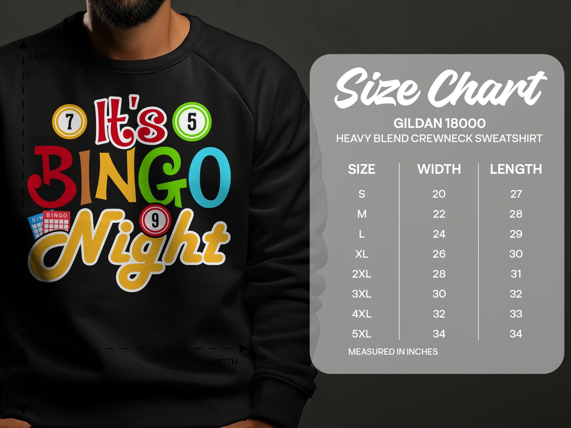 Crewneck sweatshirt with "It's Bingo Night" graphic and size chart.