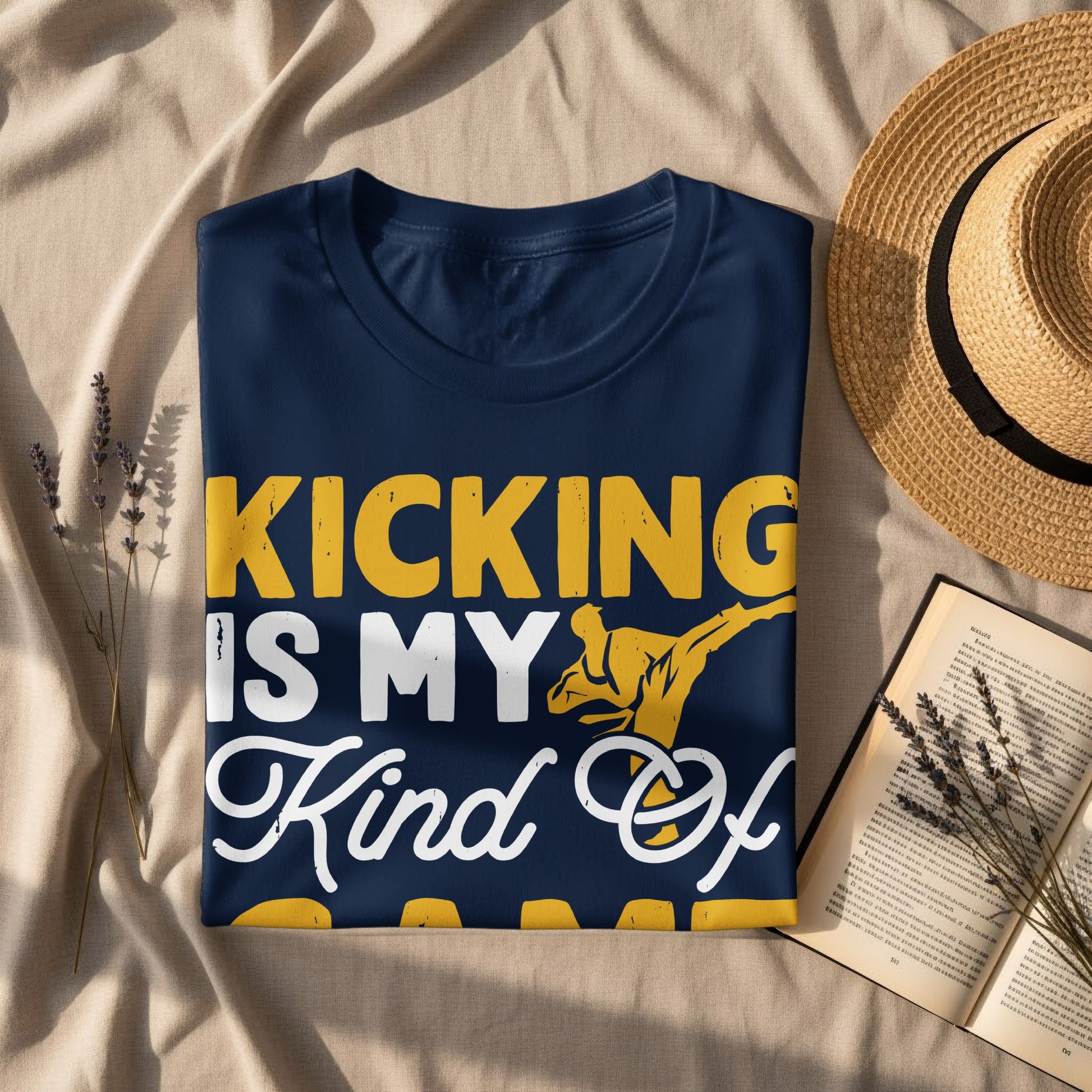 Navy t-shirt with "Kicking Is My Kind Of..." design.