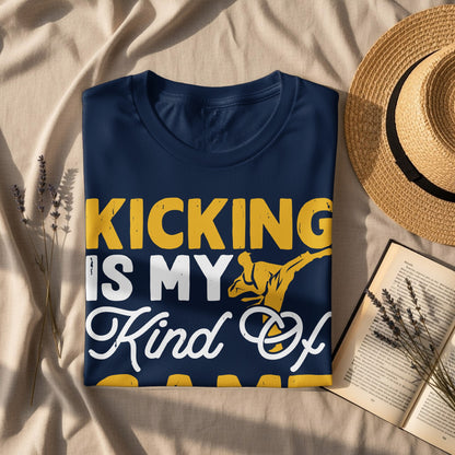 Navy t-shirt with "Kicking Is My Kind Of..." design.