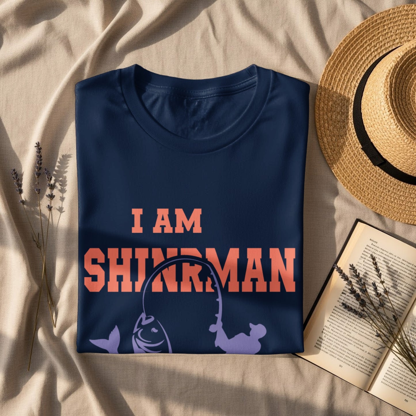 Navy t-shirt with "I AM SHINZMAN" text and fishing graphic.