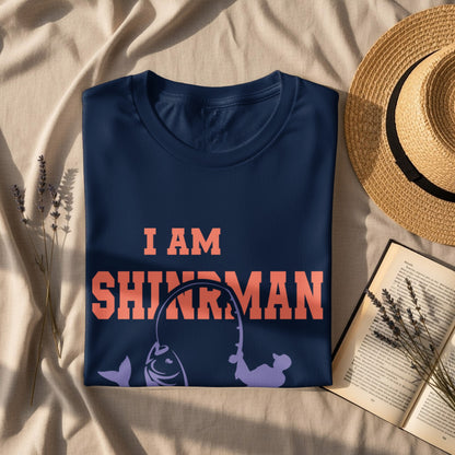 Navy t-shirt with "I AM SHINZMAN" text and fishing graphic.