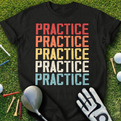 Black t-shirt with repeating "PRACTICE" text in red, orange, yellow, and white.