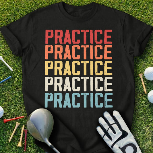 Black t-shirt with repeating "PRACTICE" text in red, orange, yellow, and white.