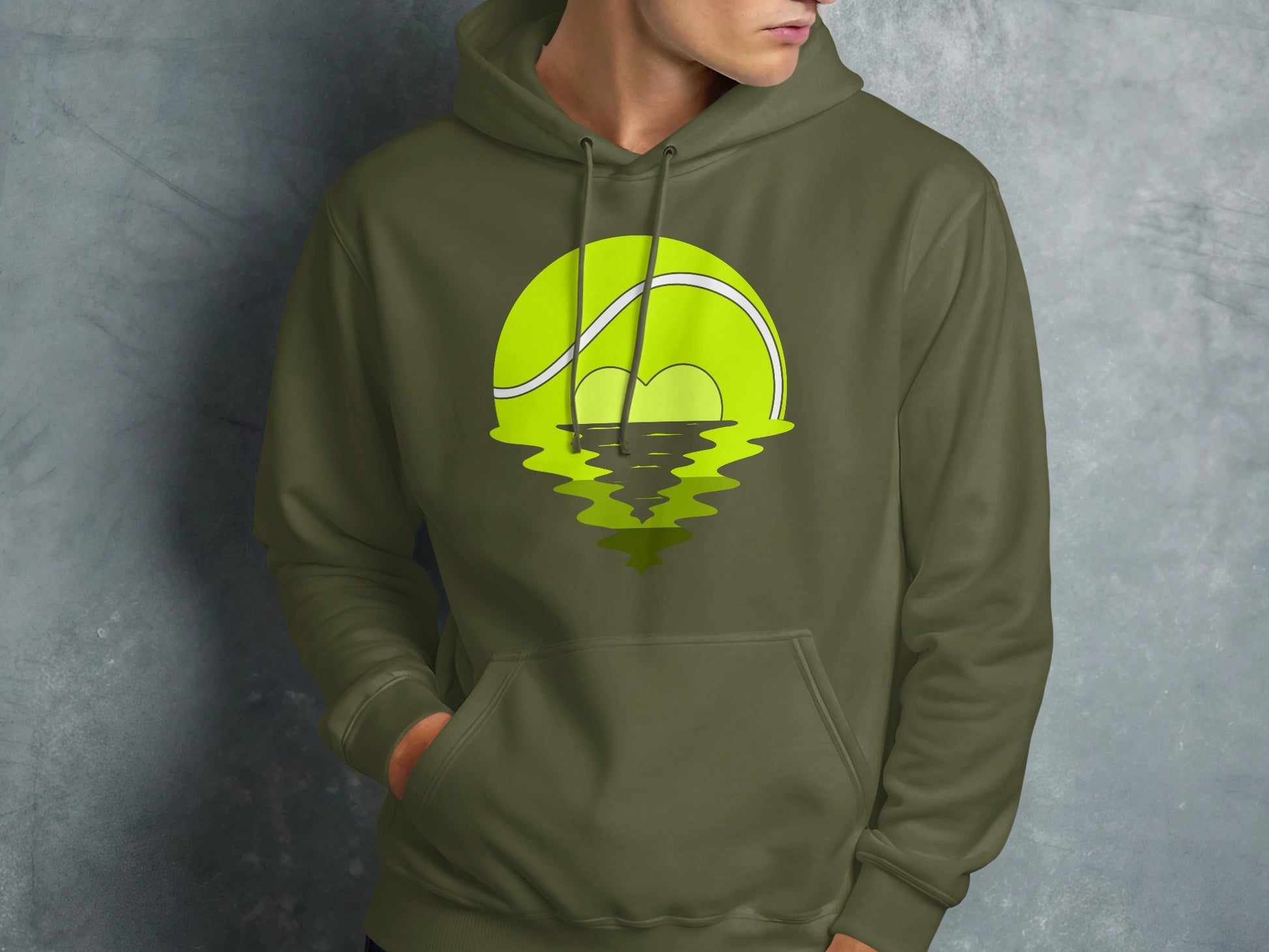 Olive green hoodie with a graphic of a tennis ball reflecting on water.