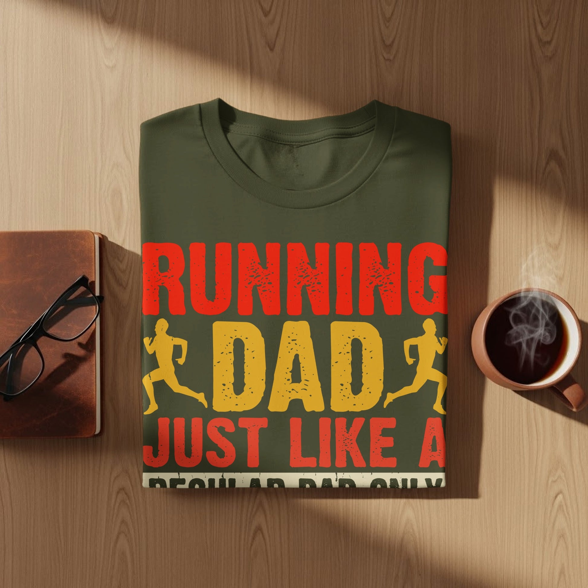 T-shirt with "Running Dad Just Like A Regular Dad Only Faster" text.