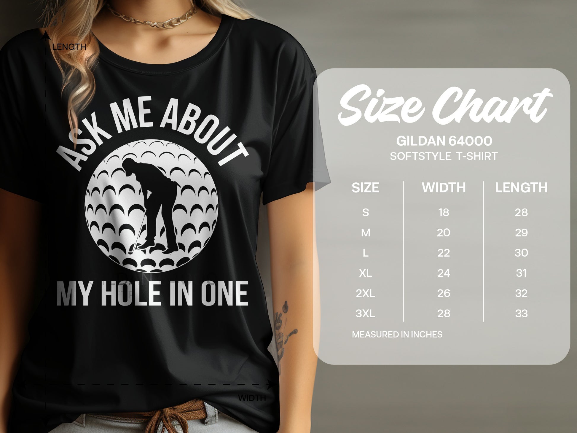 Black t-shirt with "Ask Me About My Hole In One" and golf graphic. Size chart included.