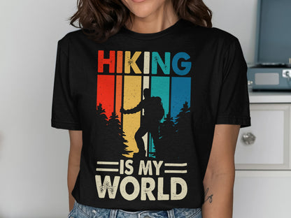 Black t-shirt with "Hiking is my world" text and hiker graphic.