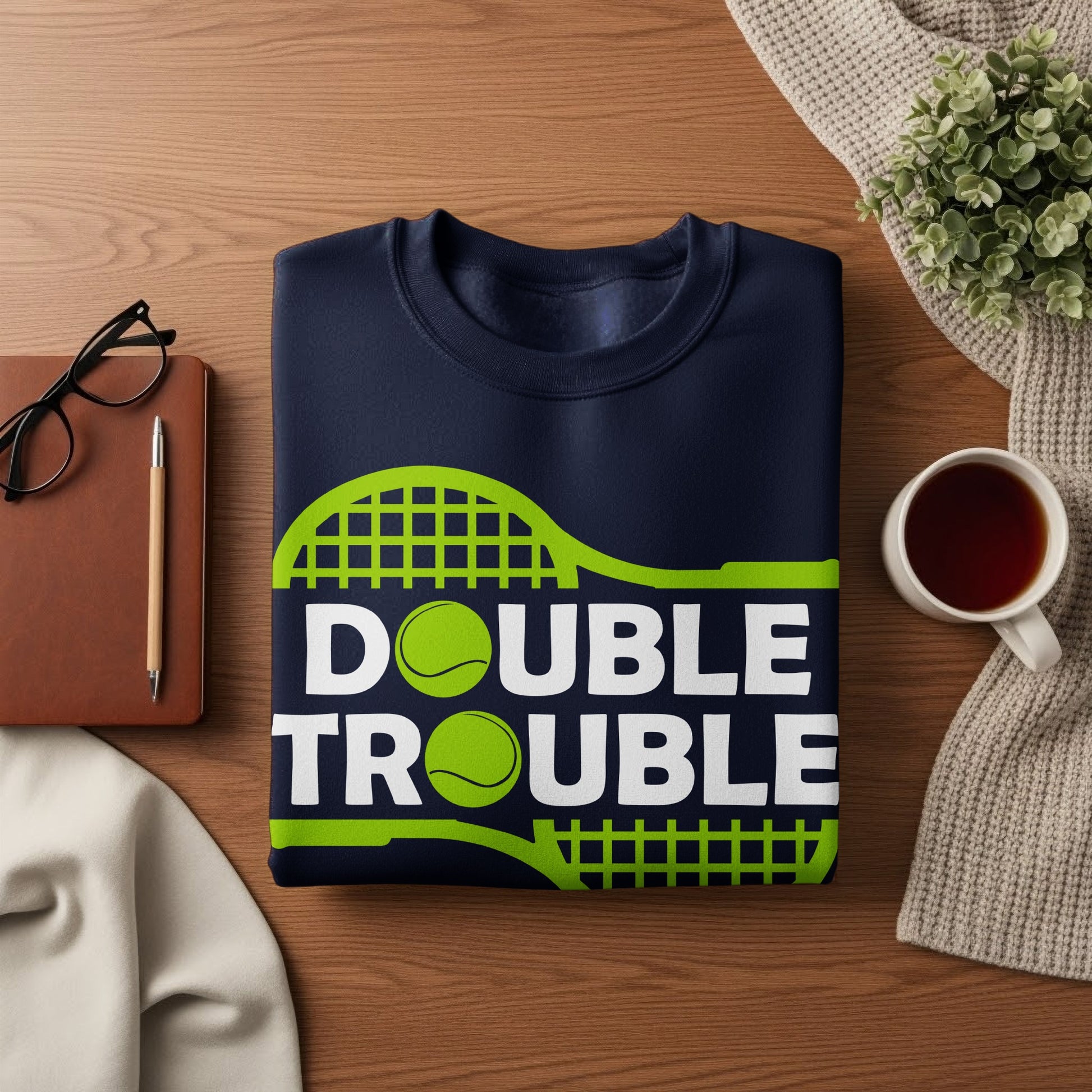 Navy sweatshirt with "DOUBLE TROUBLE" and tennis racket graphic.