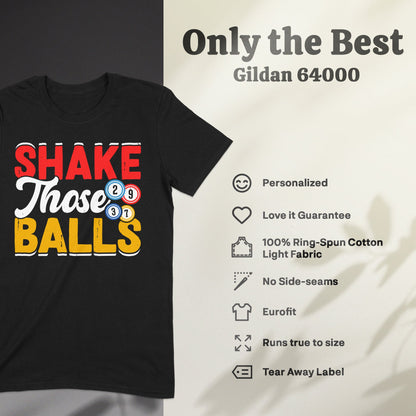 Black t-shirt with "SHAKE Those BALLS" text and billiard balls.