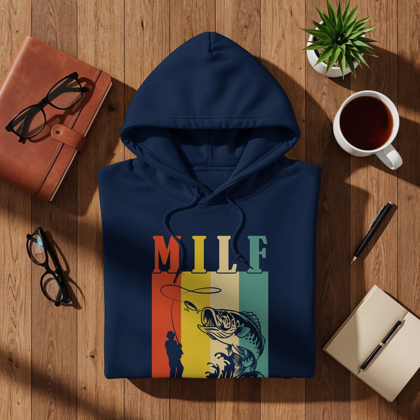 Navy hoodie with "MILF" text and fishing graphic.