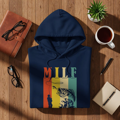 Navy hoodie with "MILF" text and fishing graphic.