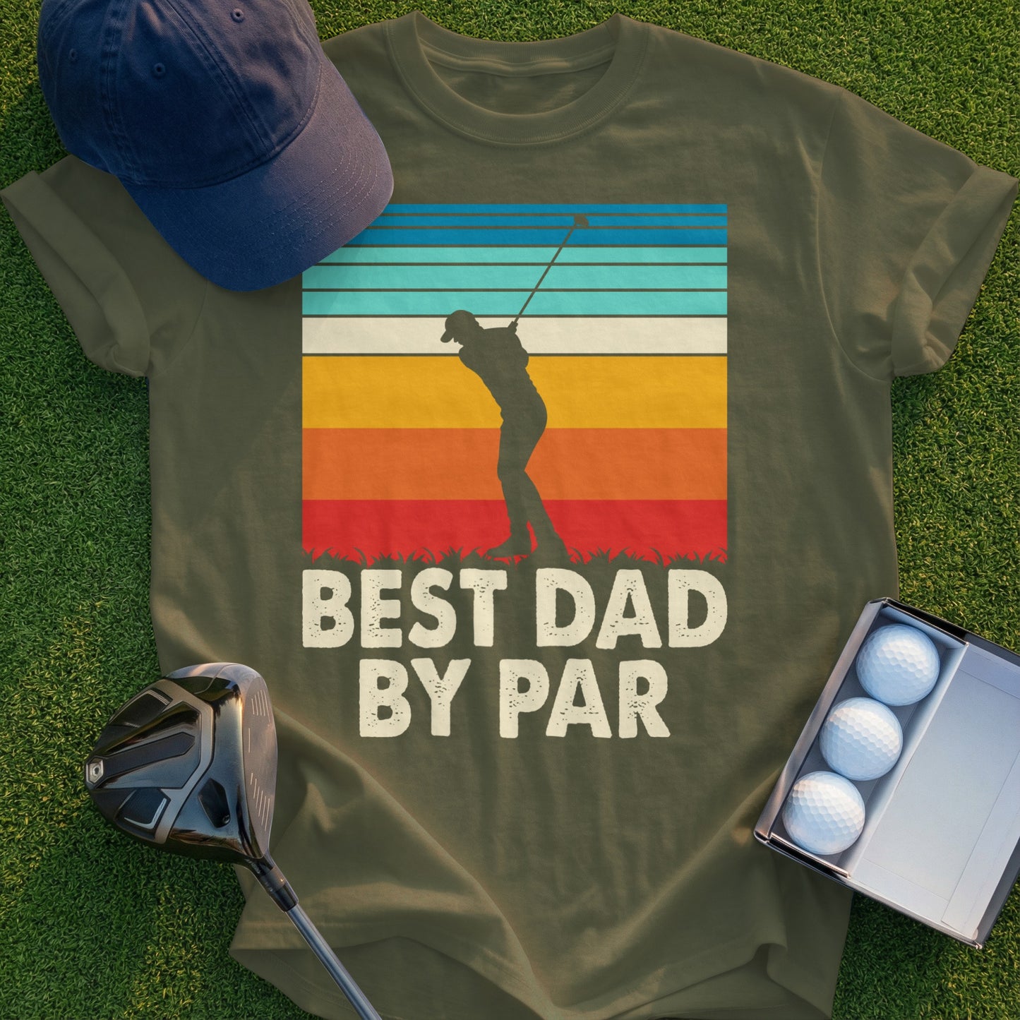 Olive t-shirt with retro sunset and "Best Dad By Par" text.