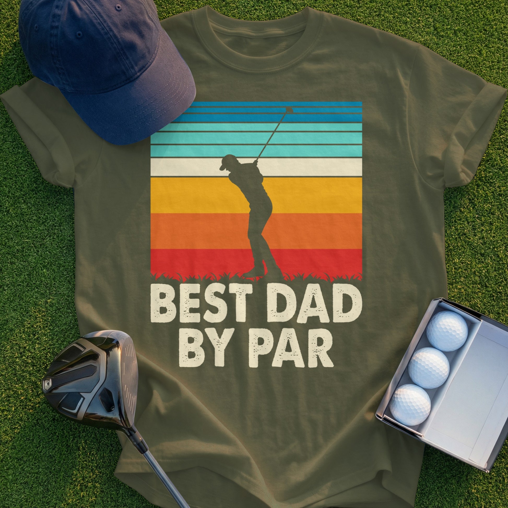 Olive t-shirt with retro sunset and "Best Dad By Par" text.