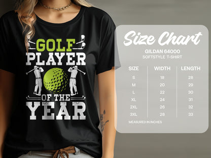 Green t-shirt with "Golf Player of the Year" text and a size chart.