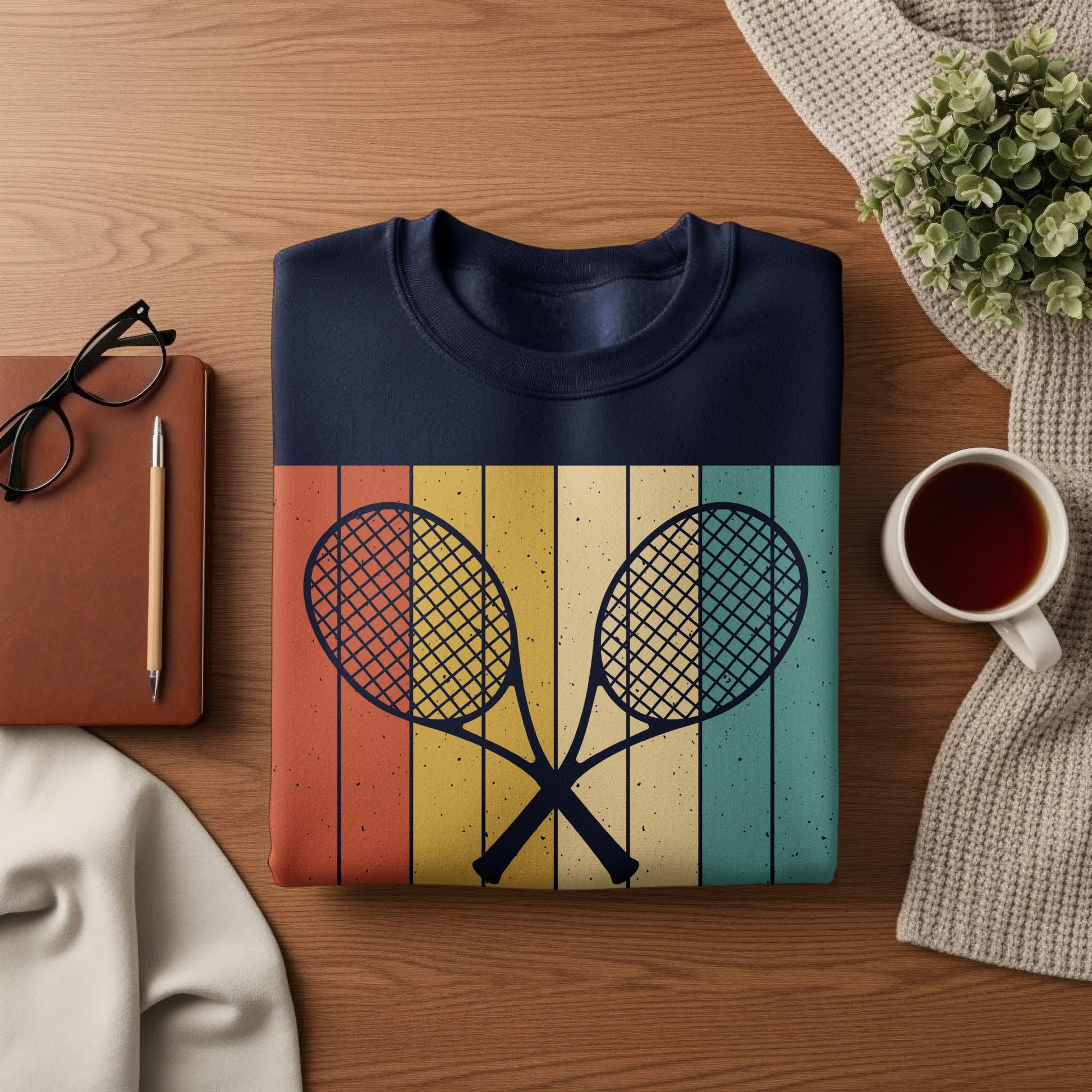 Navy sweatshirt with vintage tennis rackets and colorful stripes design.