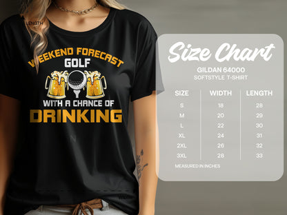 T-shirt with "Weekend forecast golf with a chance of drinking" text and size chart.