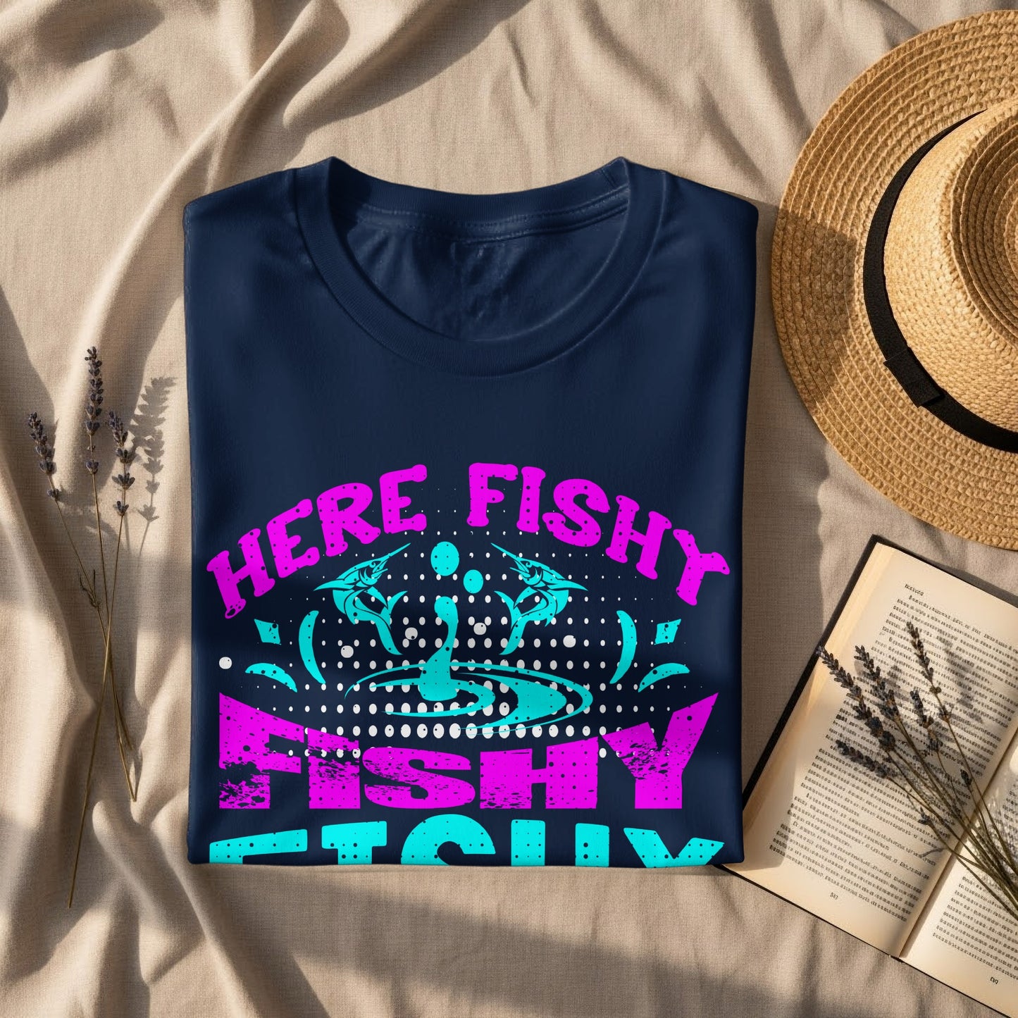 Navy t-shirt with "Here Fishy Fishy" text and fish graphic.