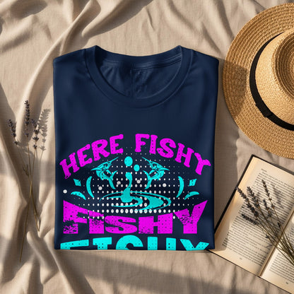 Navy t-shirt with "Here Fishy Fishy" text and fish graphic.