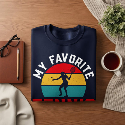 Navy sweatshirt with "My Favorite" and tennis player graphic.