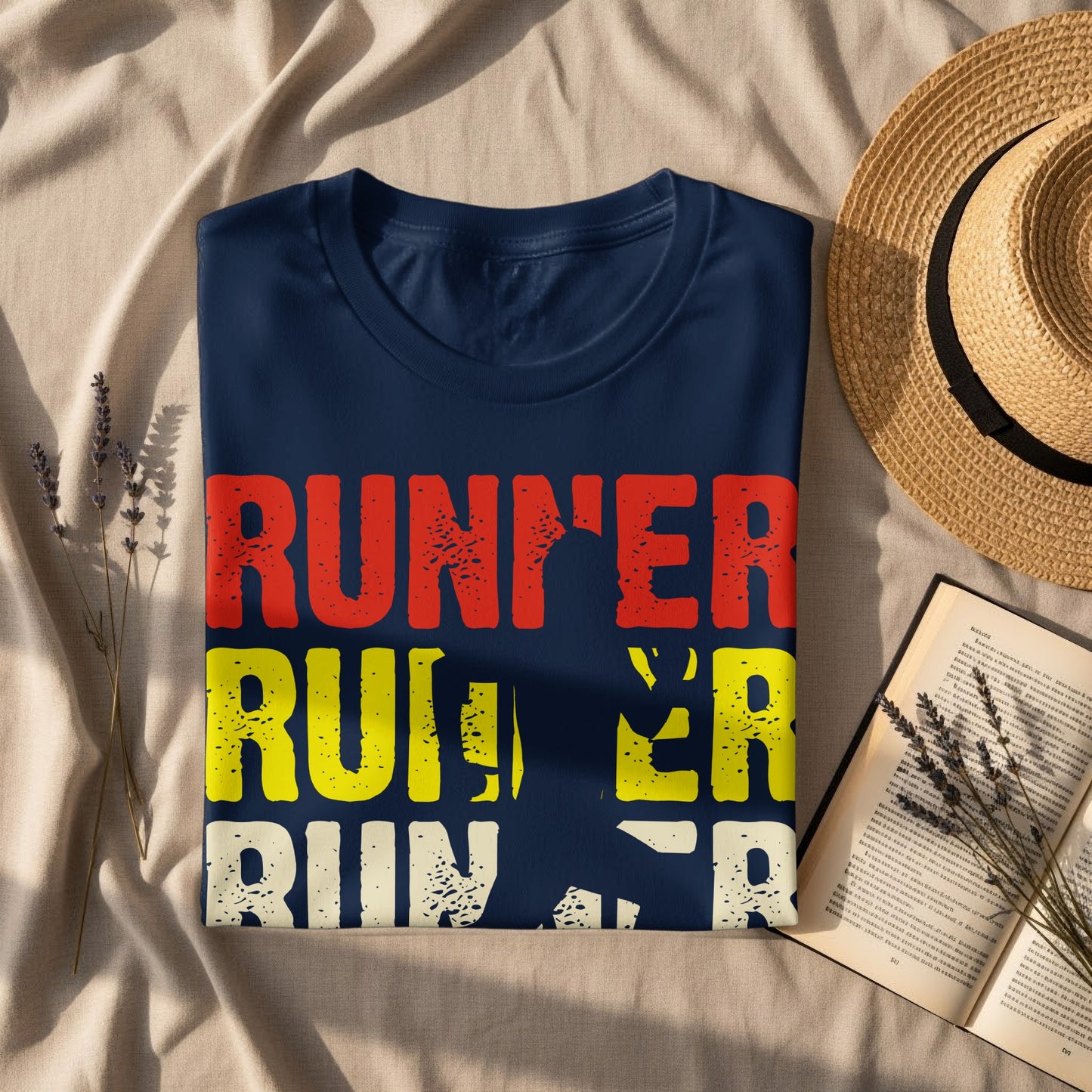 Navy t-shirt with "Runner" in red, yellow, and white lettering.