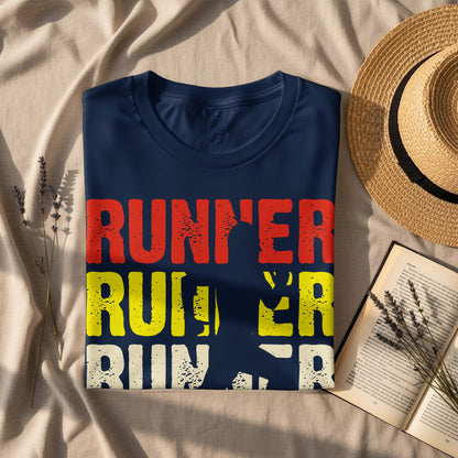 Navy t-shirt with "Runner" in red, yellow, and white lettering.