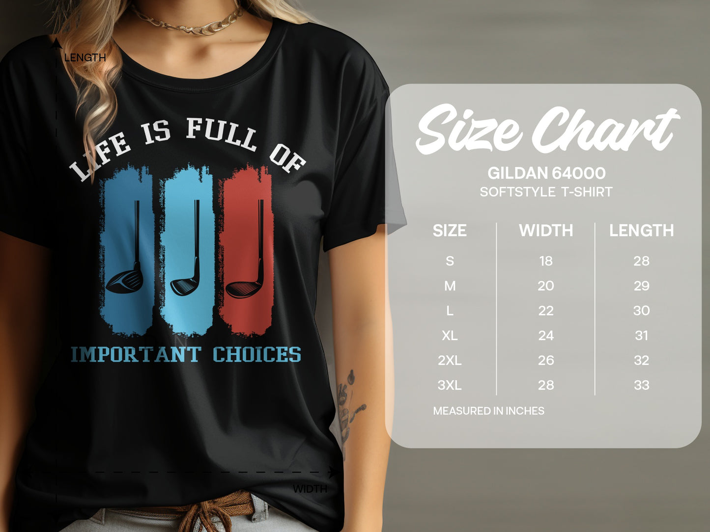 Black t-shirt with golf clubs and text "LIFE IS FULL OF IMPORTANT CHOICES" and a size chart.