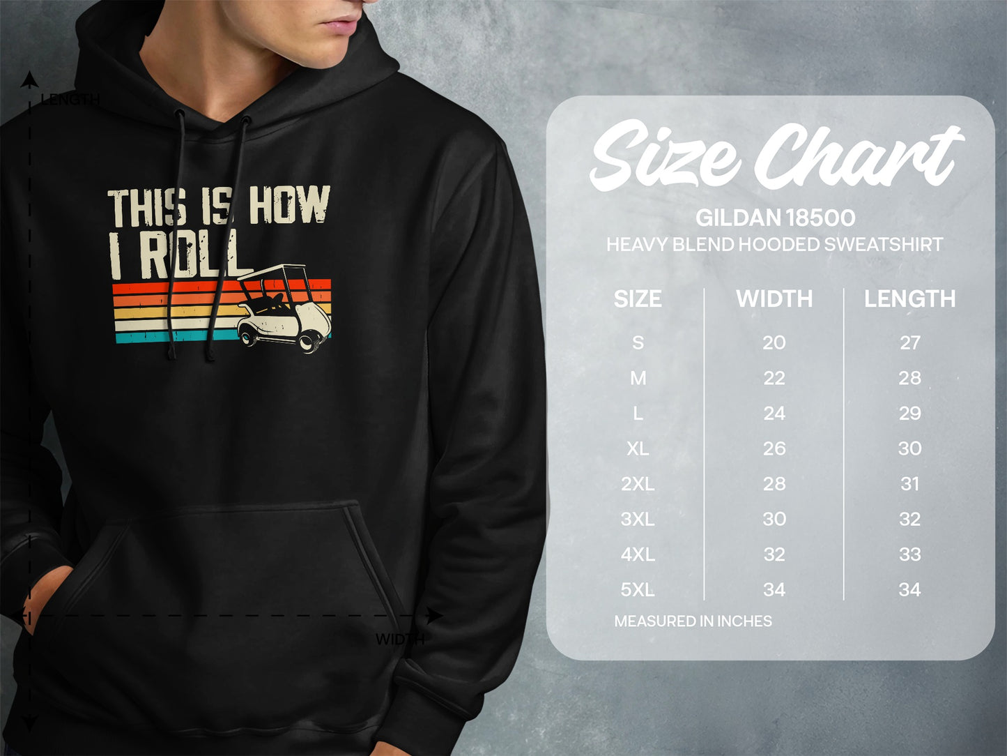 Hoodie with "This Is How I Roll" golf cart graphic and size chart.