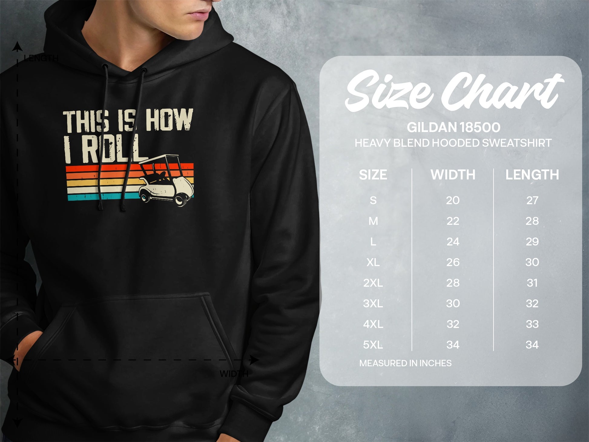 Hoodie with "This Is How I Roll" golf cart graphic and size chart.