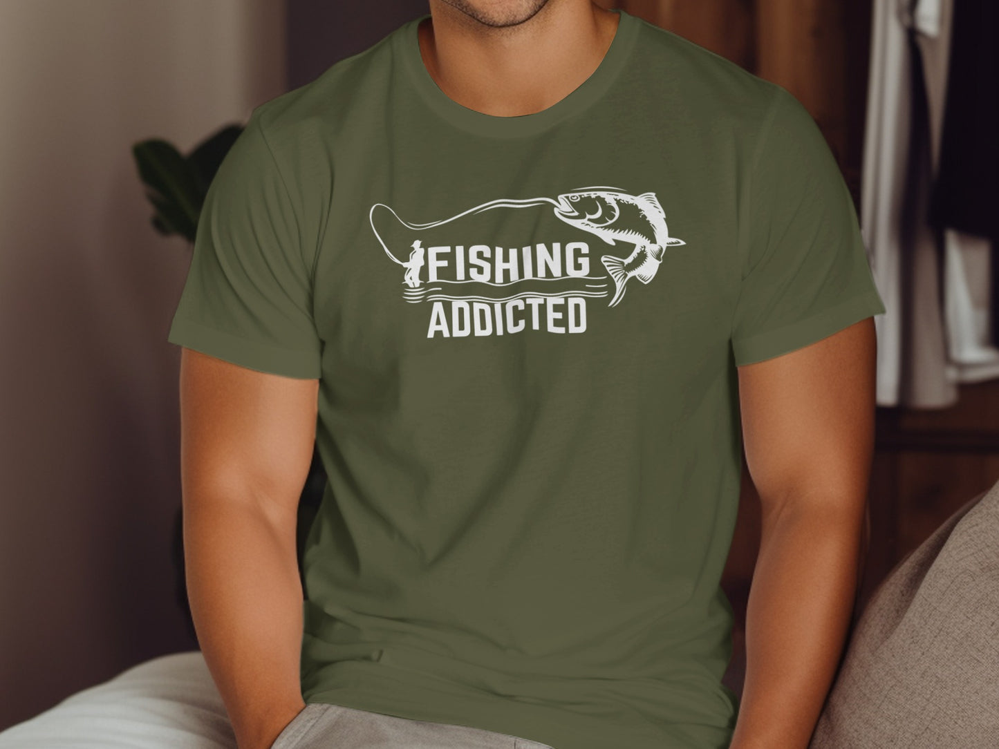 Green t-shirt with "FISHING ADDICTED" and a fishing hook design.