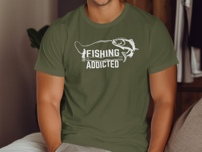 Green t-shirt with "FISHING ADDICTED" and a fishing hook design.