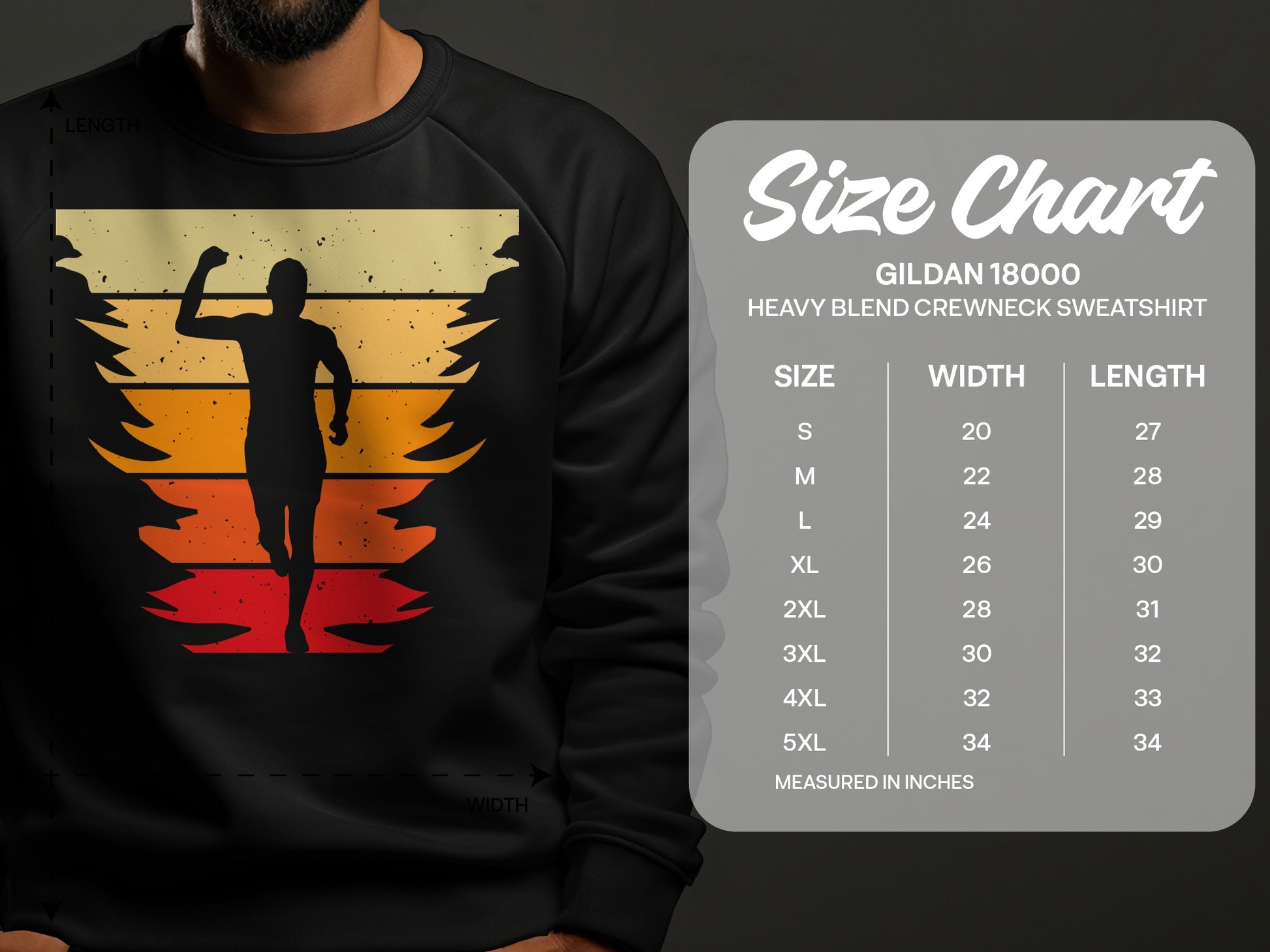 Gildan 18000 sweatshirt size chart with runner graphic.