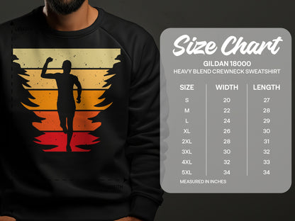 Gildan 18000 sweatshirt size chart with runner graphic.