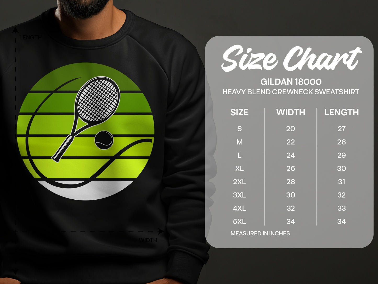 Gildan 18000 sweatshirt size chart with measurements in inches.