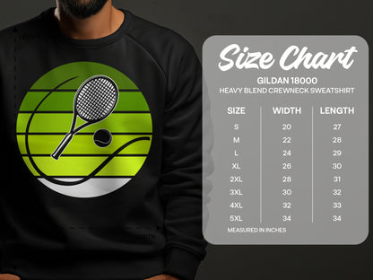 Gildan 18000 sweatshirt size chart with measurements in inches.
