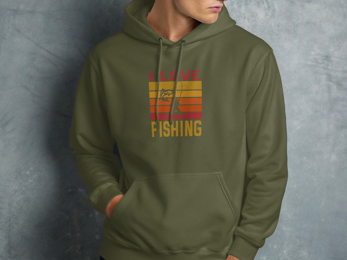 Olive green hoodie with "I Love Fishing" text and a striped sunset graphic.