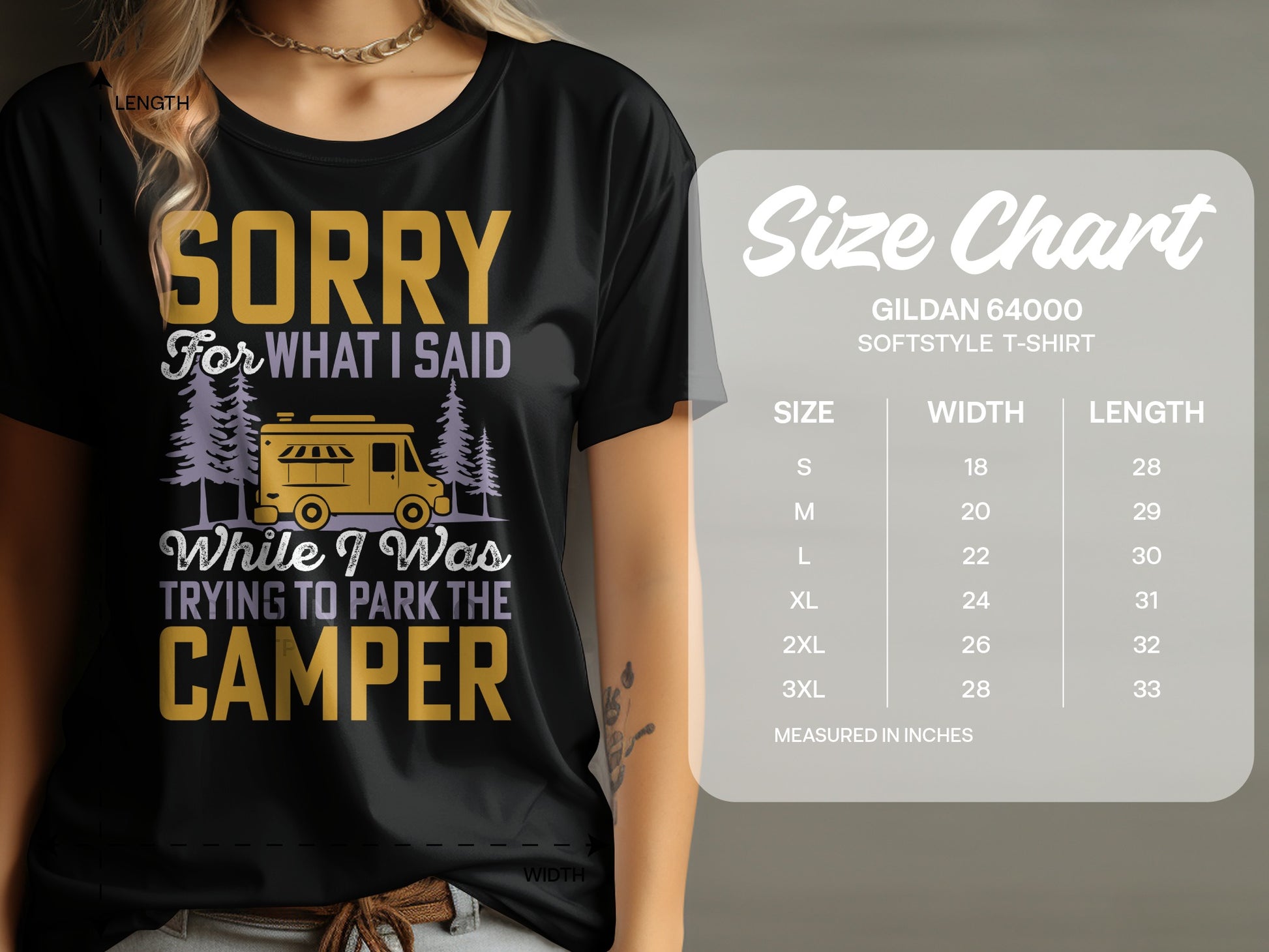 T-shirt with "Sorry for what I said while I was trying to park the camper" text and size chart.