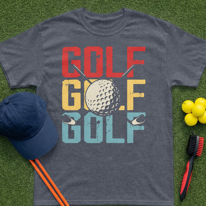 T-shirt with "GOLF GOLF GOLF" text and a golf ball illustration.